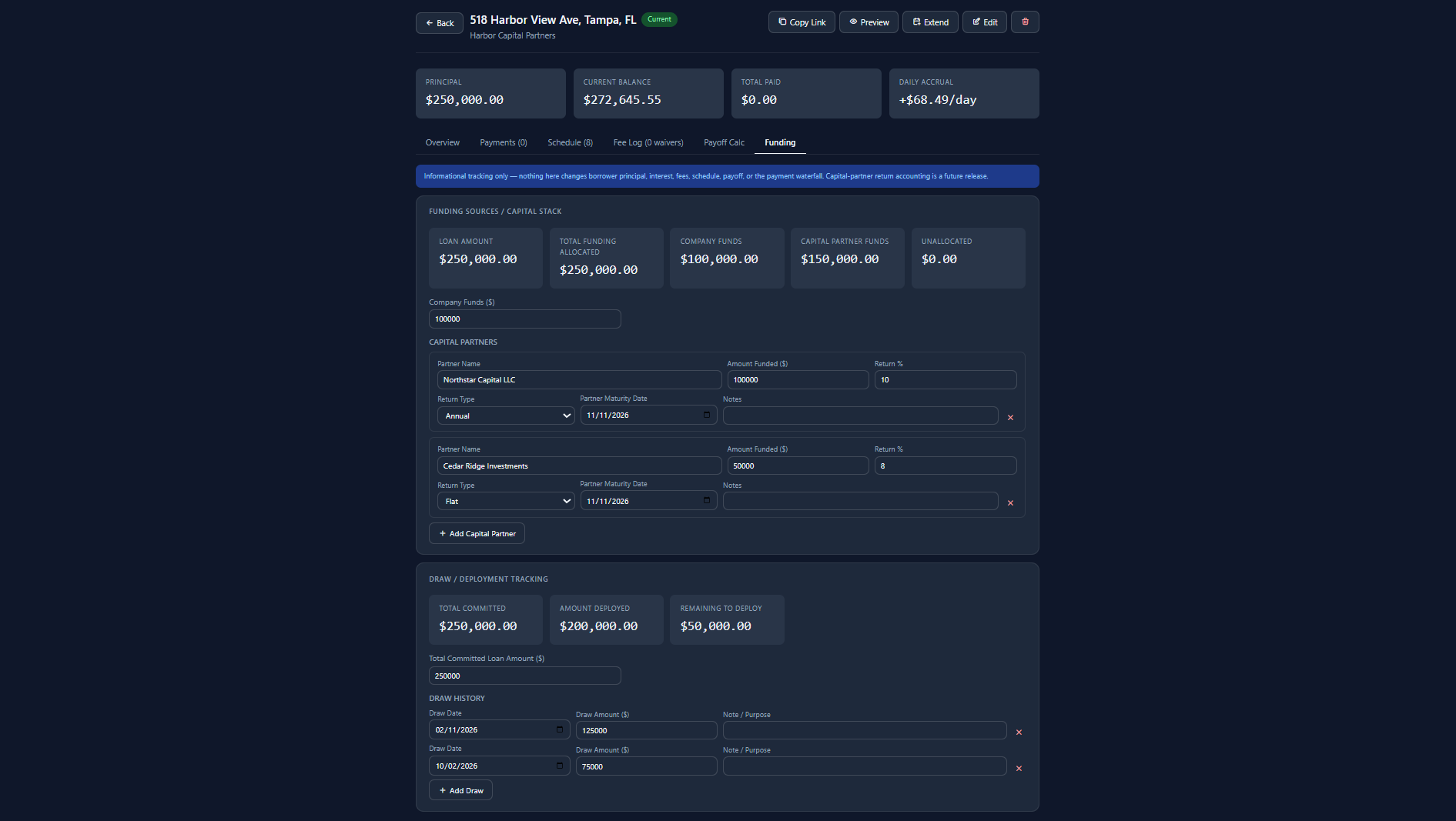 Funding and capital stack screen