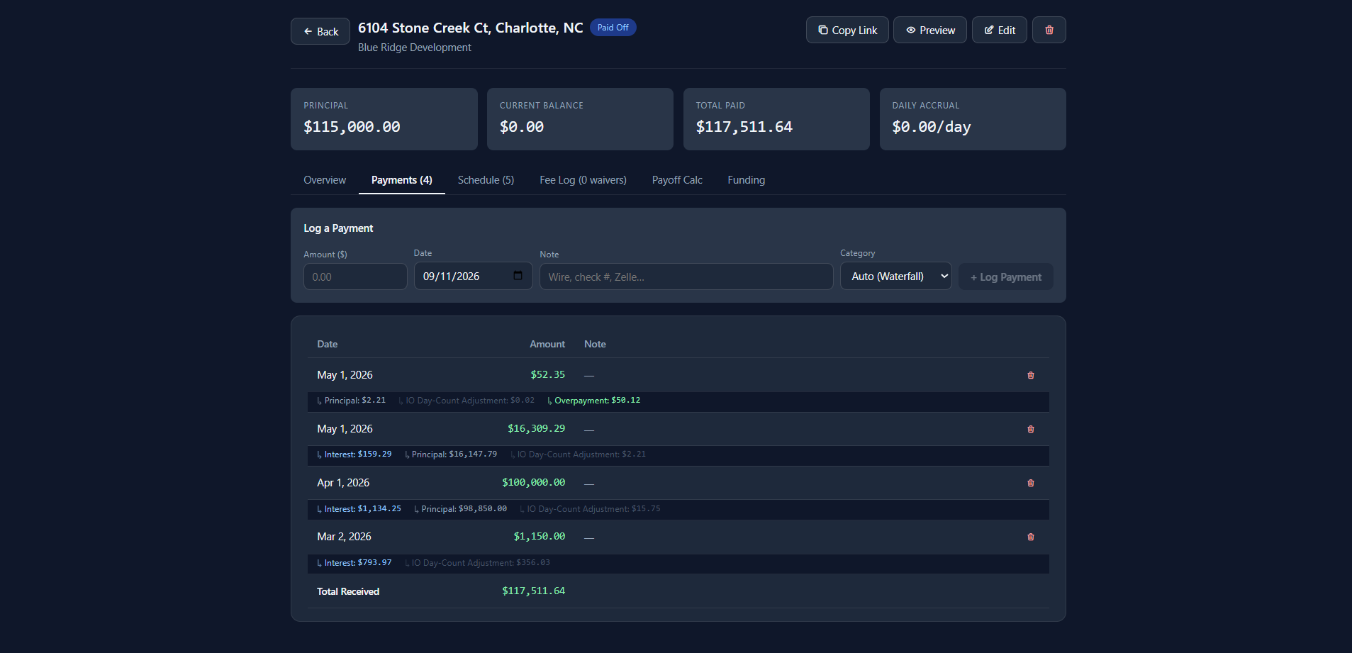 Payment schedule and history screen