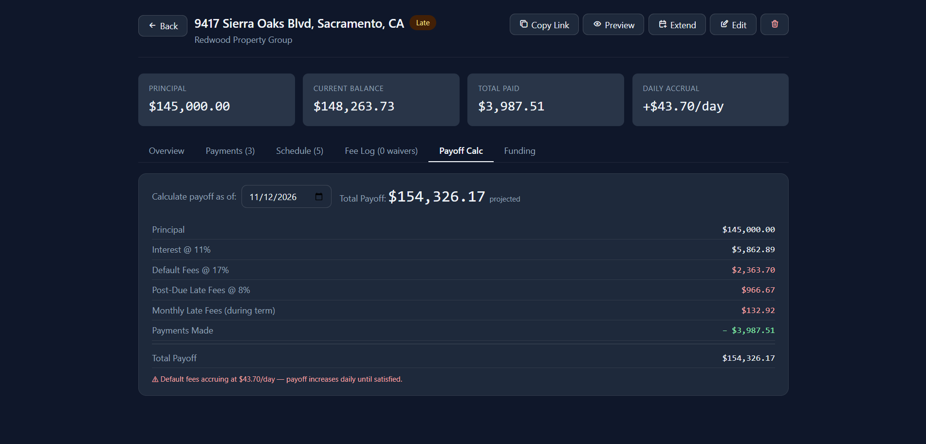 Payoff calculator screen